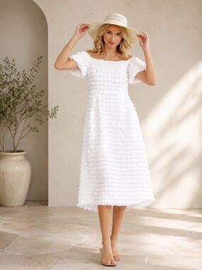 White Textured Off-Shoulder Midi Dress
Available in the 3 different sizes